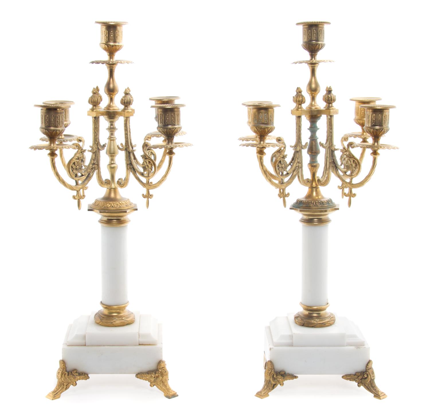 A Pair of Neoclassical Gilt Bronze Mounted Marble Five-Light Candelabra Height 17 inches.