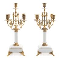 A Pair of Neoclassical Gilt Bronze Mounted Marble Five-Light Candelabra Height 17 inches.