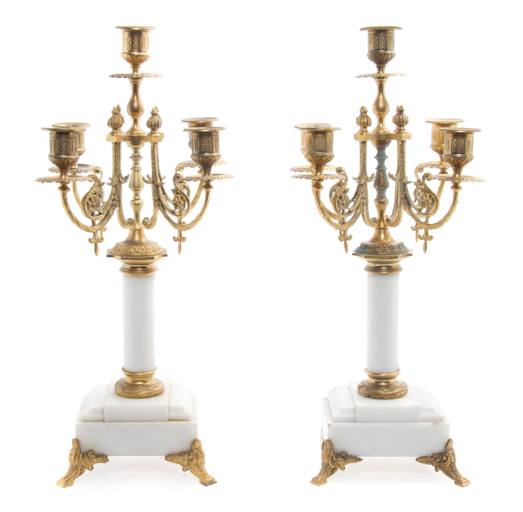 A Pair of Neoclassical Gilt Bronze Mounted Marble Five-Light Candelabra Height 17 inches.