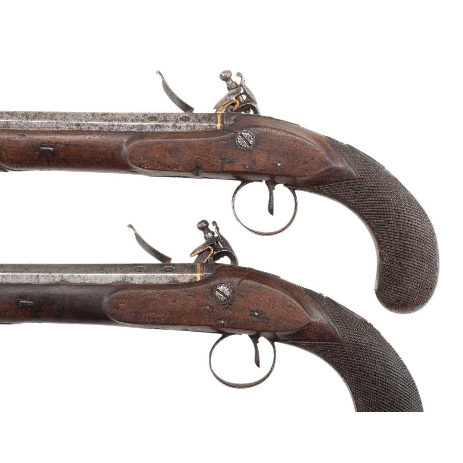 Pair of Flintlock Pistols by Clarke with Detachable Stock in Repurposed Wood Case