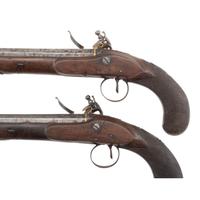 Pair of Flintlock Pistols by Clarke with Detachable Stock in Repurposed Wood Case