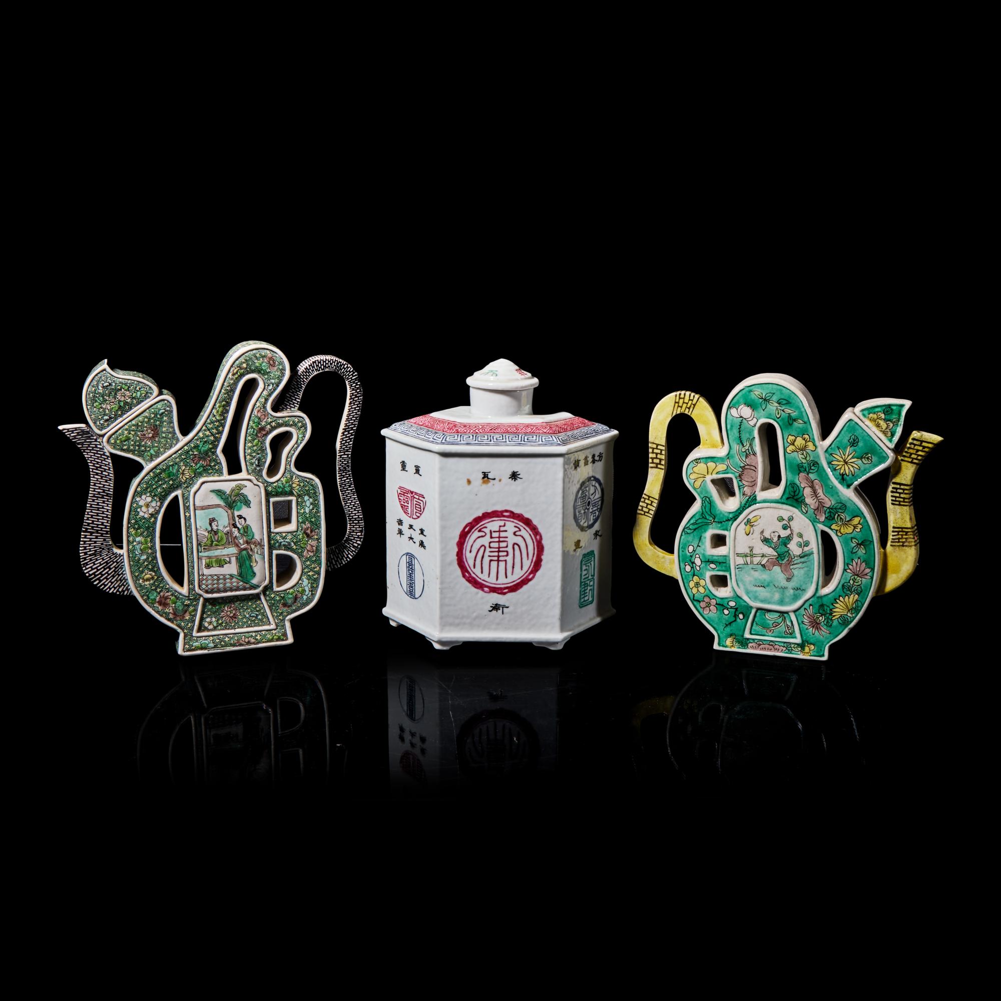 Two Chinese Famille Verte Porcelain "Puzzle" Teapots and An Enameled Porcelain Hexagonal Tea Caddy, Late 19th-Early 20th Century 晚清-民國 素三彩茶壺二及粉彩六方帶蓋茶葉罐一