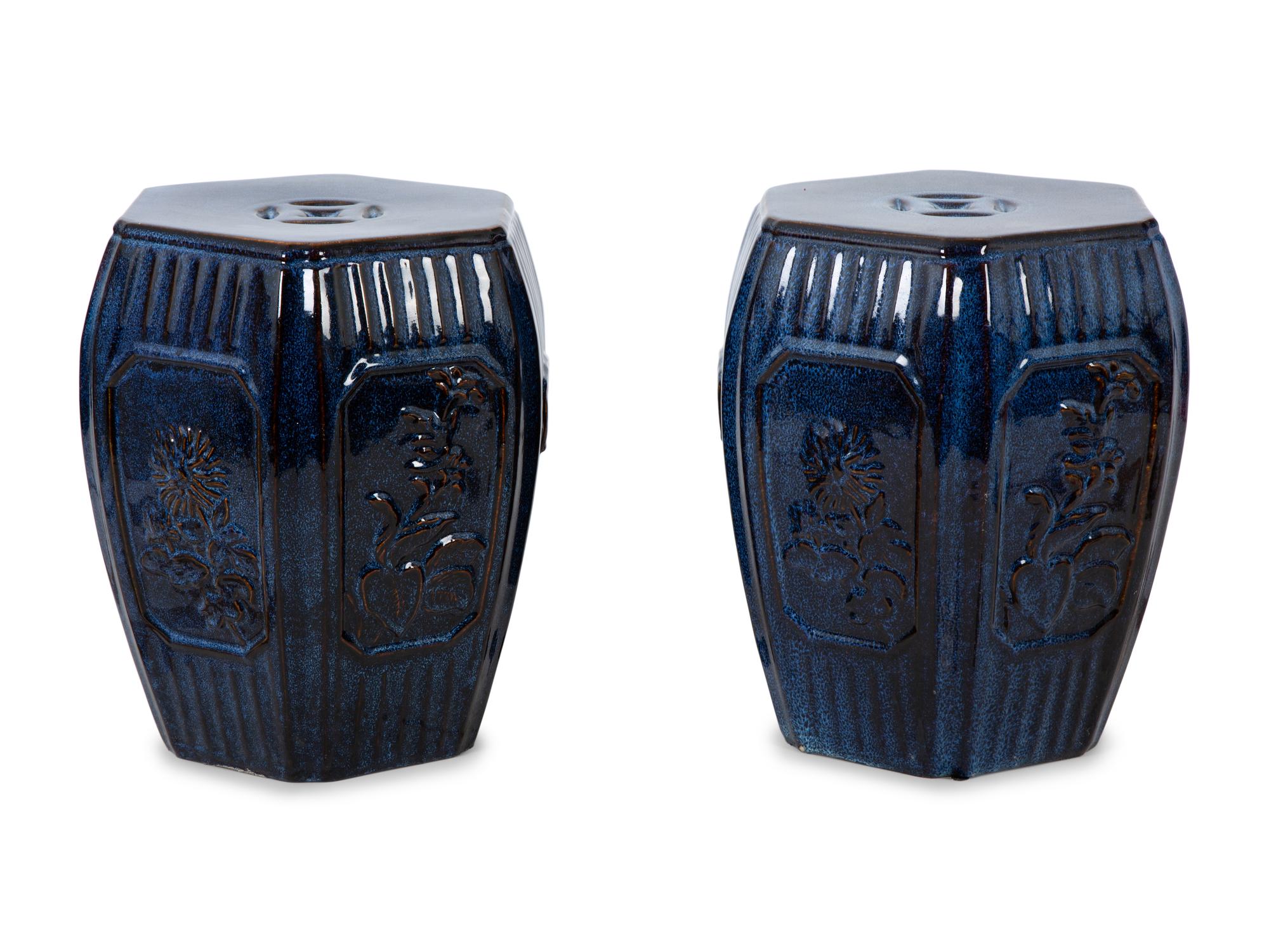 Six Chinese Blue Glazed Barrel-Form Hexagonal Garden Seats — 20TH CENTURY