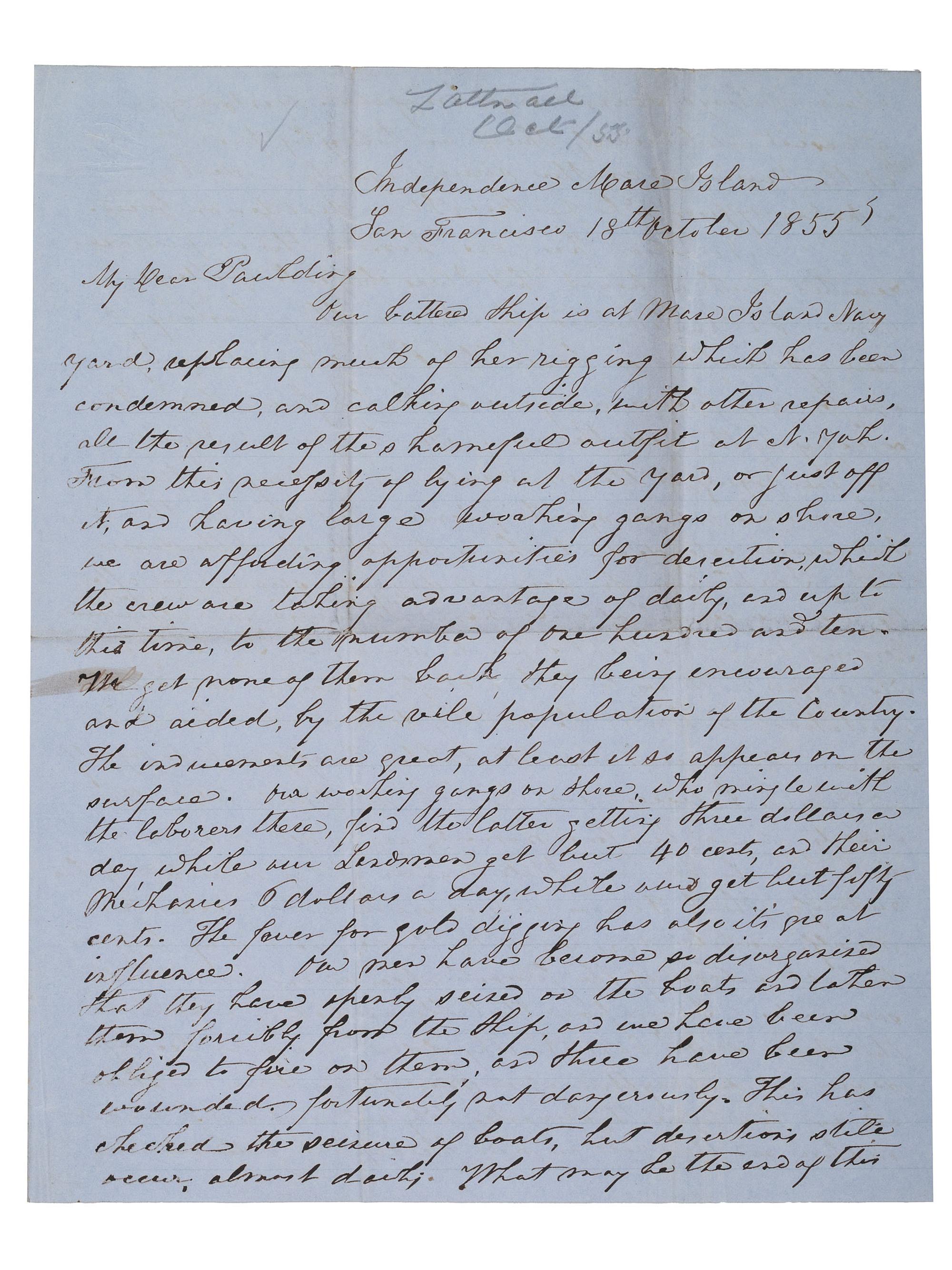 [US NAVY]. TATTNALL, Commodore Josiah (1795-1871). Correspondence from Josiah Tattnall III to his longtime friend Commodore Hiram Paulding, 1830s-1850s. [ With: ] Paulding's manuscript account of their friendship.