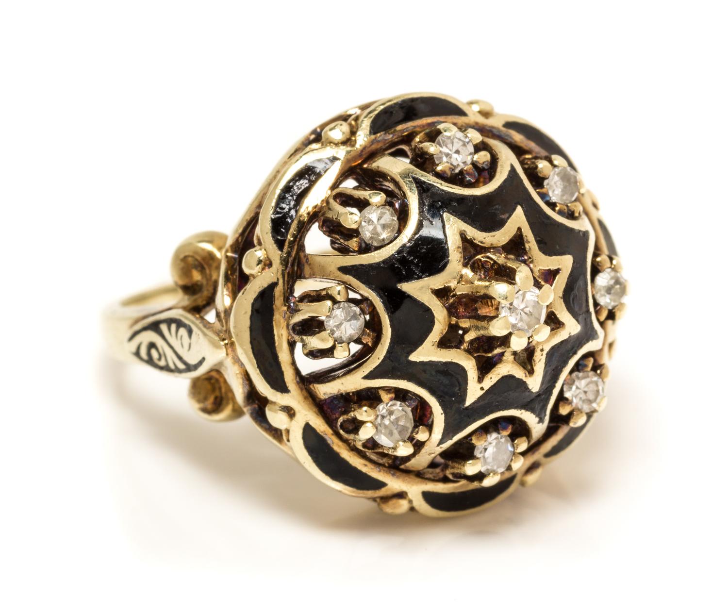 A 14 Karat Yellow Gold, Diamond and Enamel Ring,