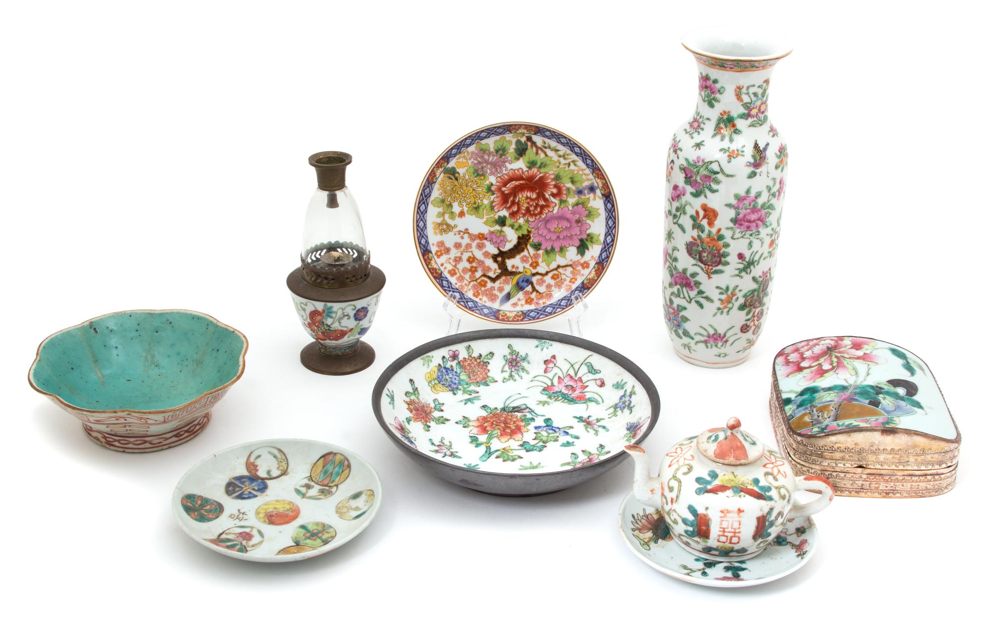 A Group of Chinese Famille Rose Porcelain Articles Height of vase 10 inches. — LATE 19TH/EARLY 20TH CENTURY