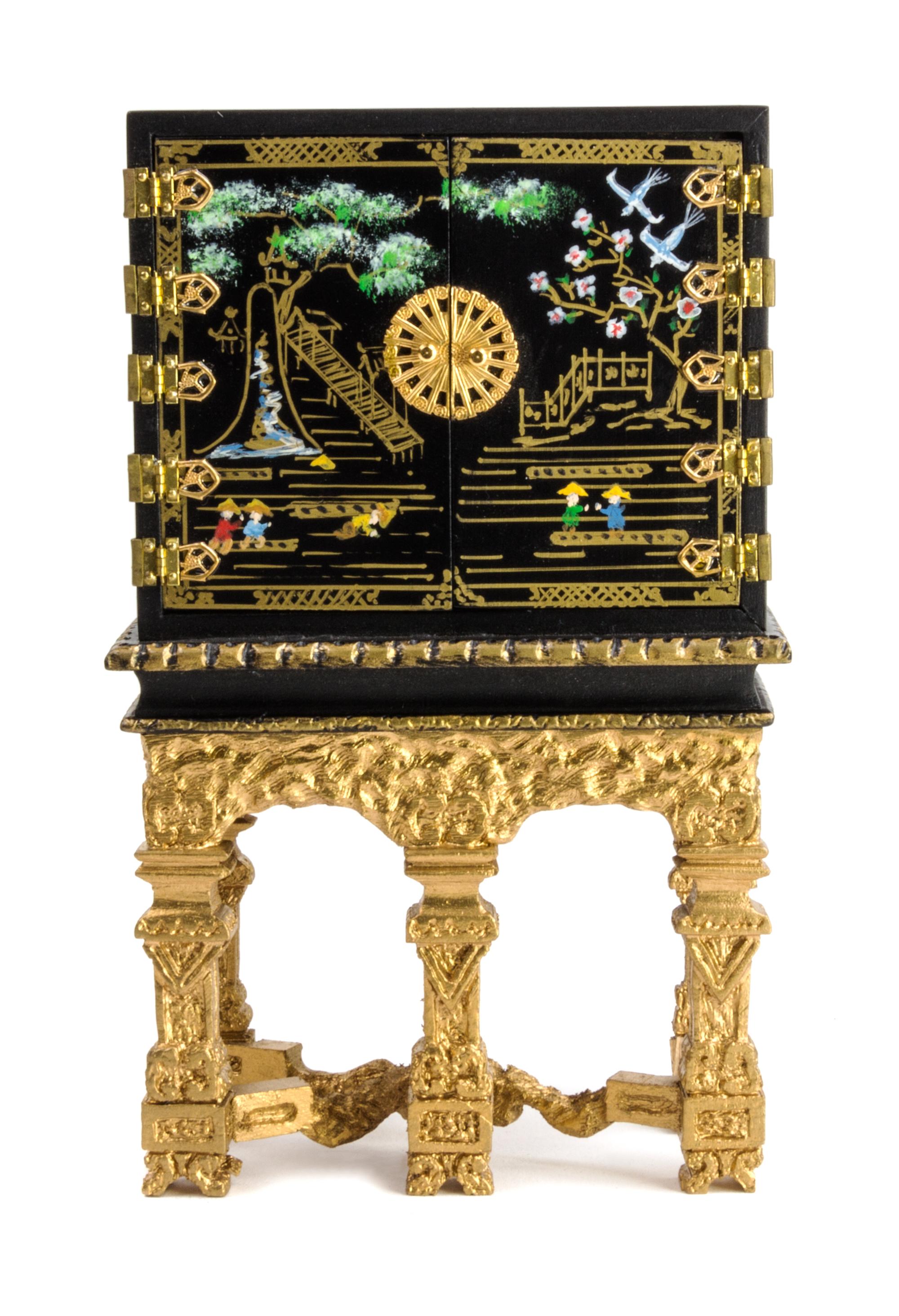A William and Mary Style Brass Mounted and Japanned Cabinet on Stand Height 5 3/4 x width 3 1/2 x depth 1 5/8 inches. — Joe Turner