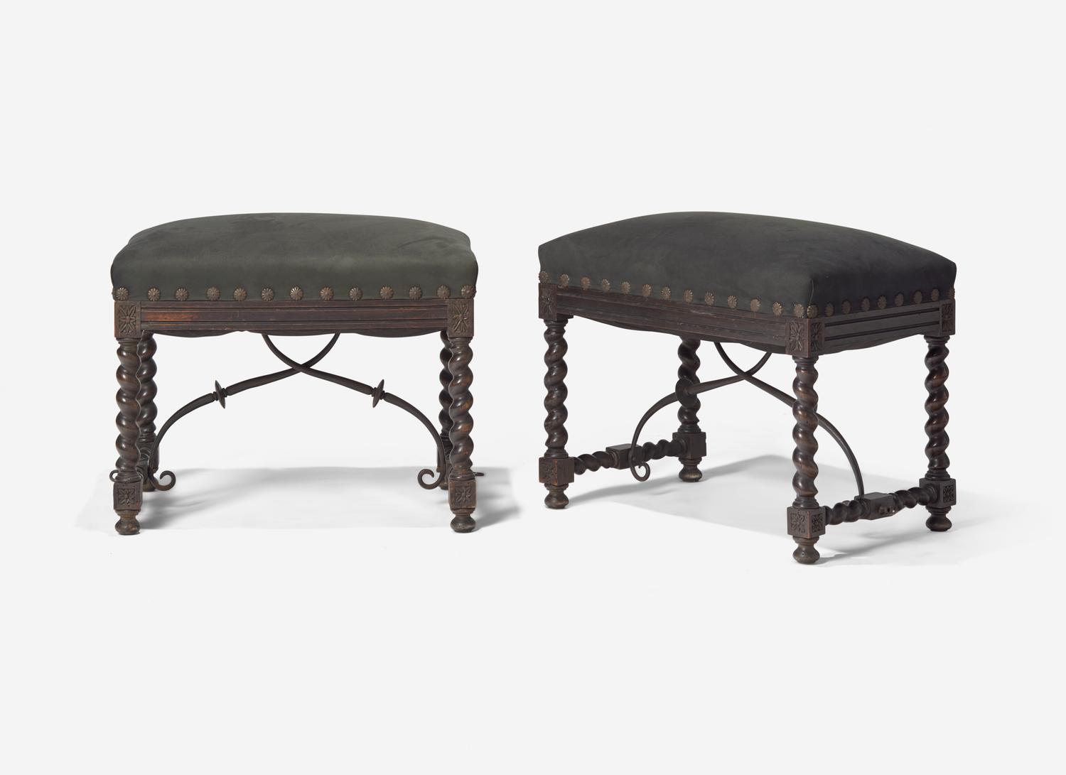 A Pair of Spanish Baroque Style Stained Beechwood and Wrought Iron Stools