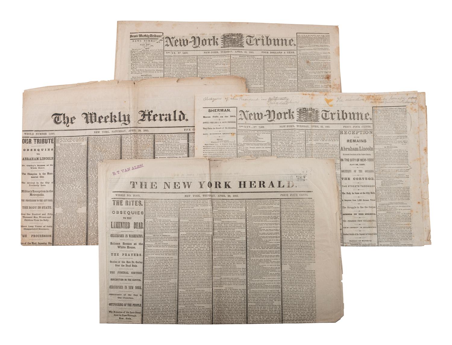 [LINCOLN ASSASSINATION]. Newspapers and ephemera associated with Lincoln's death & funeral.