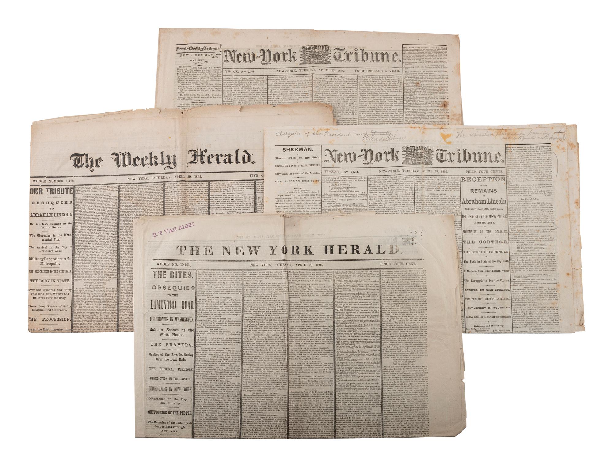 [LINCOLN ASSASSINATION]. Newspapers and ephemera associated with Lincoln's death & funeral.