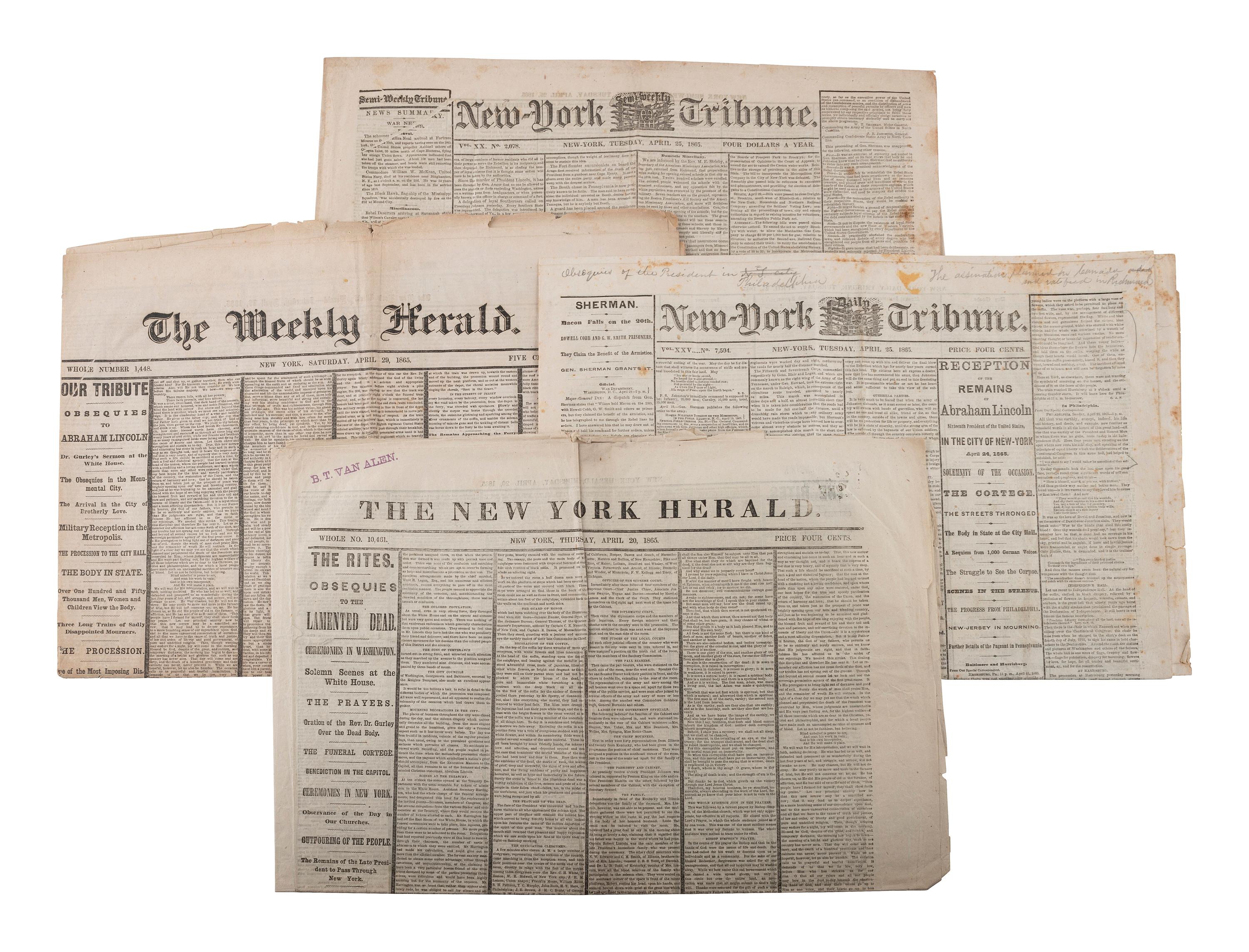 [LINCOLN ASSASSINATION]. Newspapers and ephemera associated with Lincoln's death & funeral.
