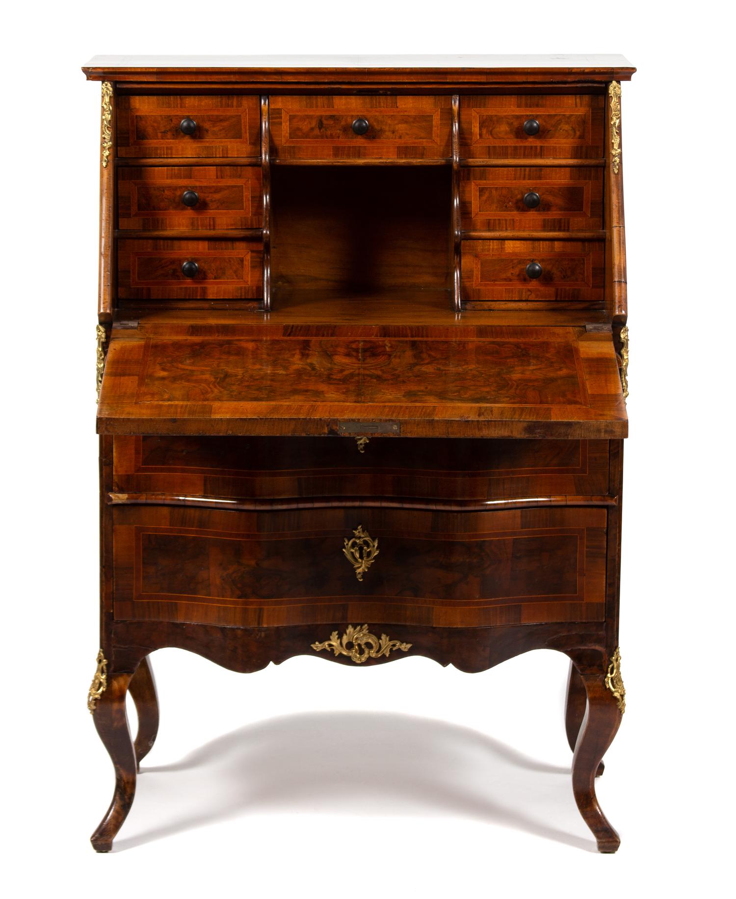 A Continental Rococo Style Gilt Bronze Mounted Inlaid Walnut Drop Front Desk Height 44 3/4 x width 31 3/4 x depth 18 inches. — 19TH CENTURY