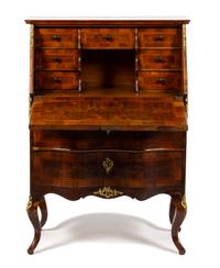 A Continental Rococo Style Gilt Bronze Mounted Inlaid Walnut Drop Front Desk Height 44 3/4 x width 31 3/4 x depth 18 inches. — 19TH CENTURY