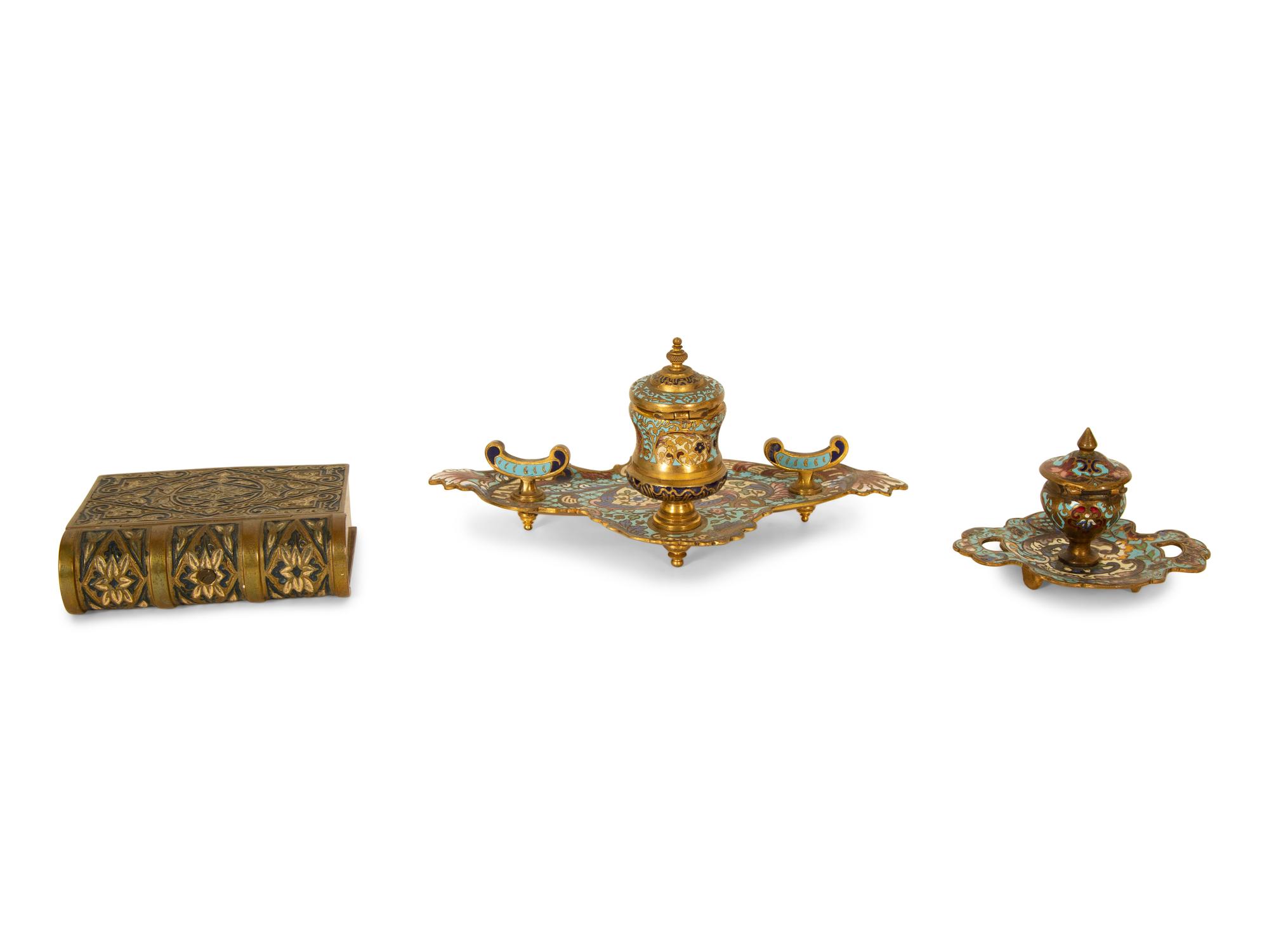 Three French Enameled Brass Desk Articles