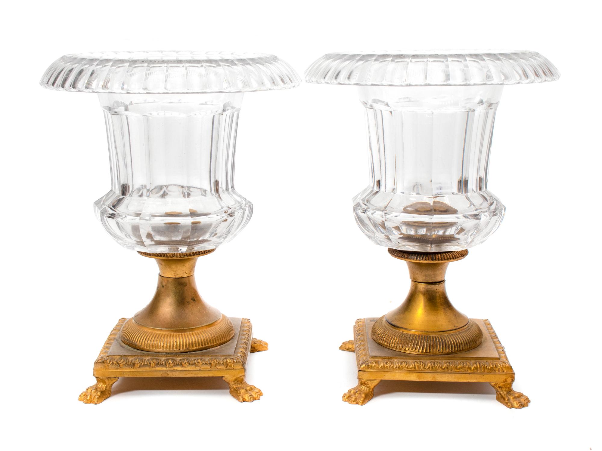 A Pair of French Gilt Bronze and Glass Urns — EARLY 20TH CENTURY