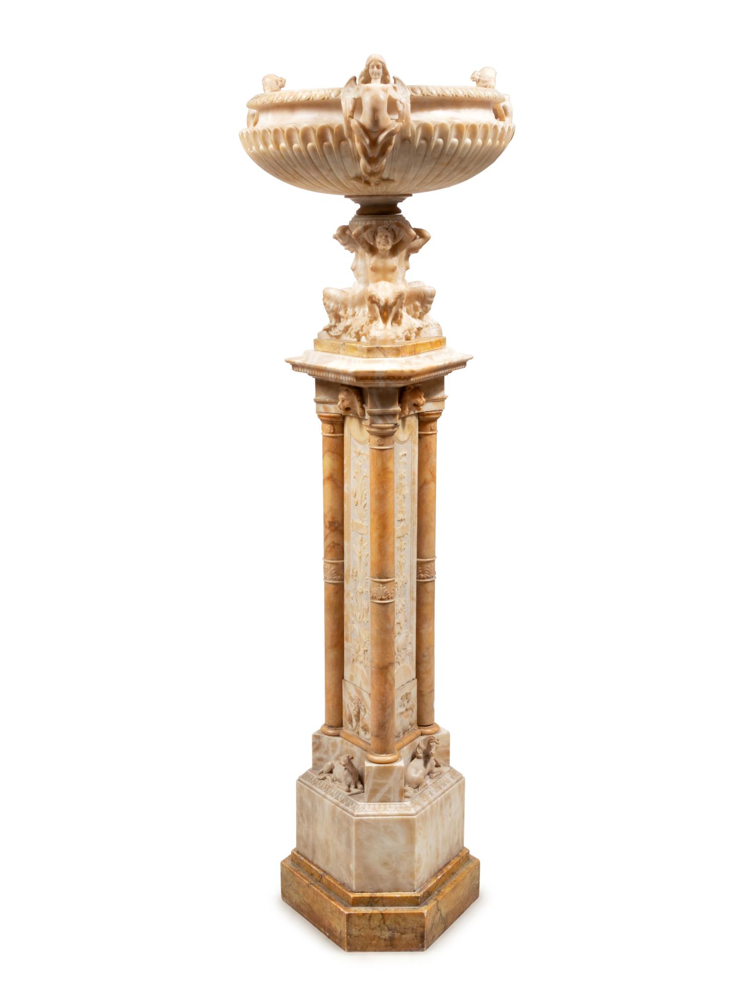 A Continental Alabaster and Marble Urn and Pedestal