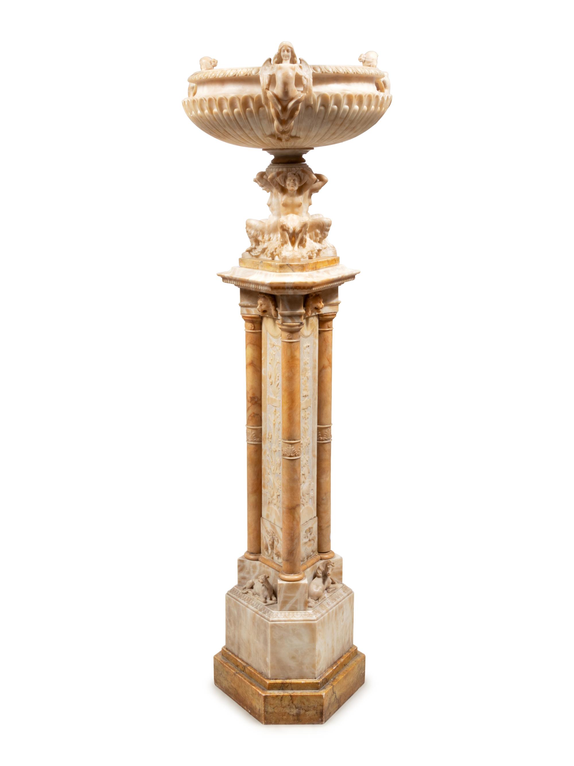 A Continental Alabaster and Marble Urn and Pedestal