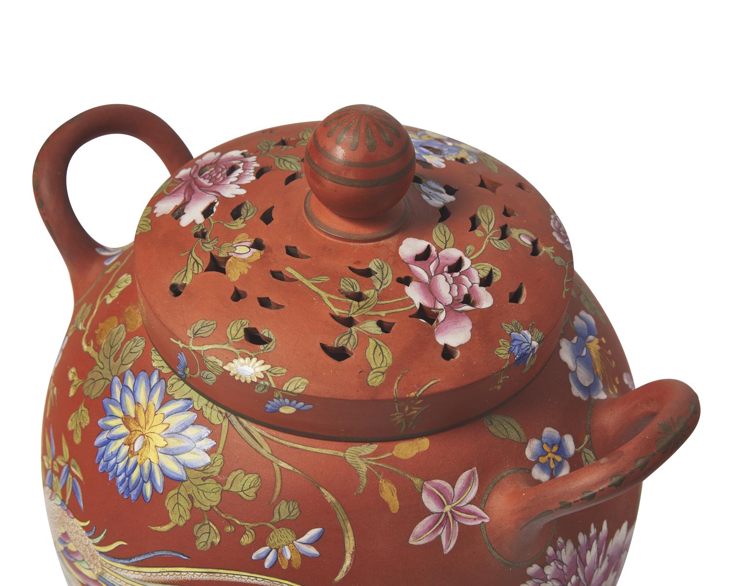 A Wedgwood Polychrome Enameled Rosso Antico Potpourri Jar and Cover