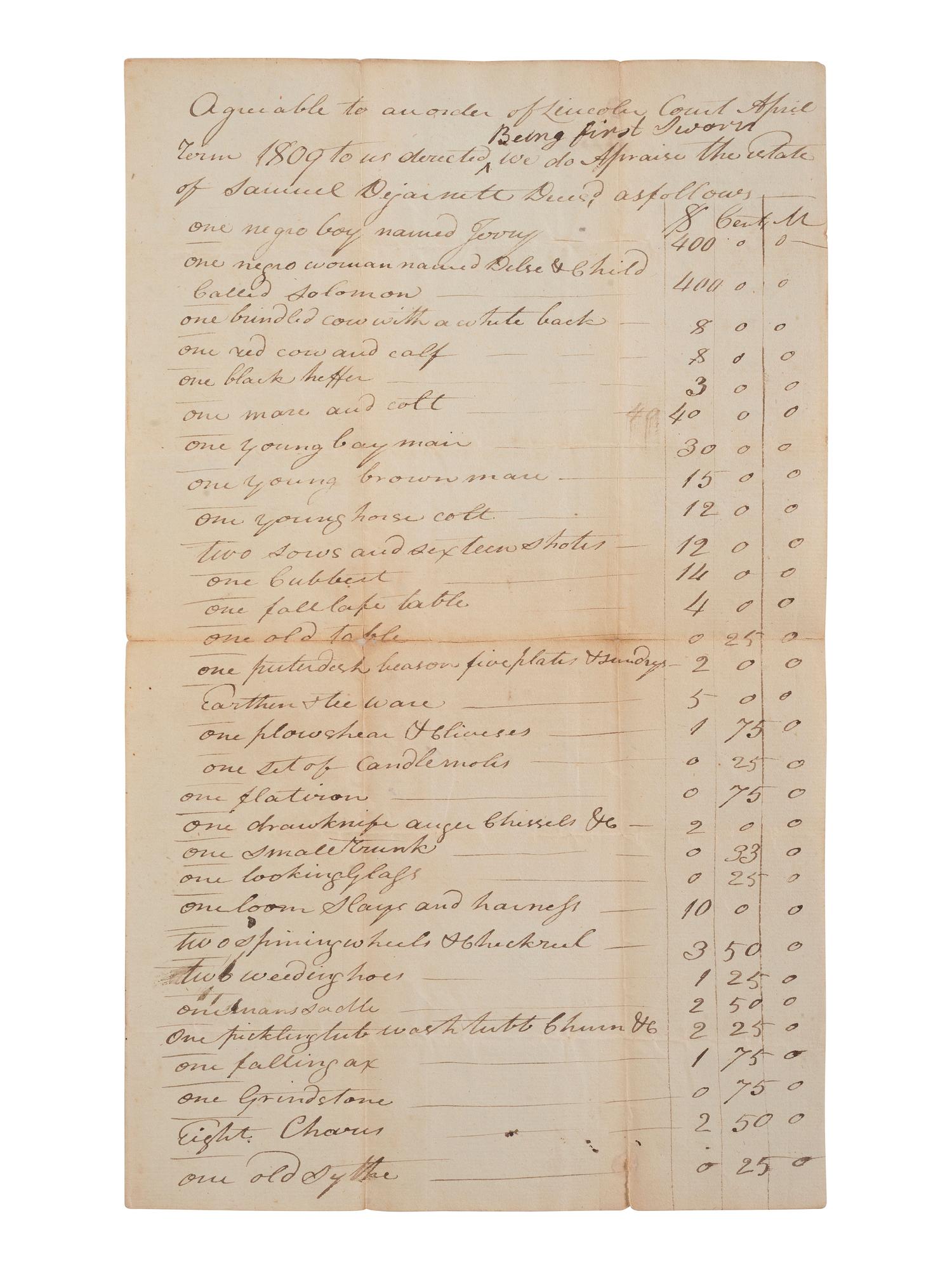 [ENSLAVEMENT & ABOLITION]. A group of 4 estate documents listing individual enslaved persons, most by name. [Lincoln County, KY], 1809-1830.