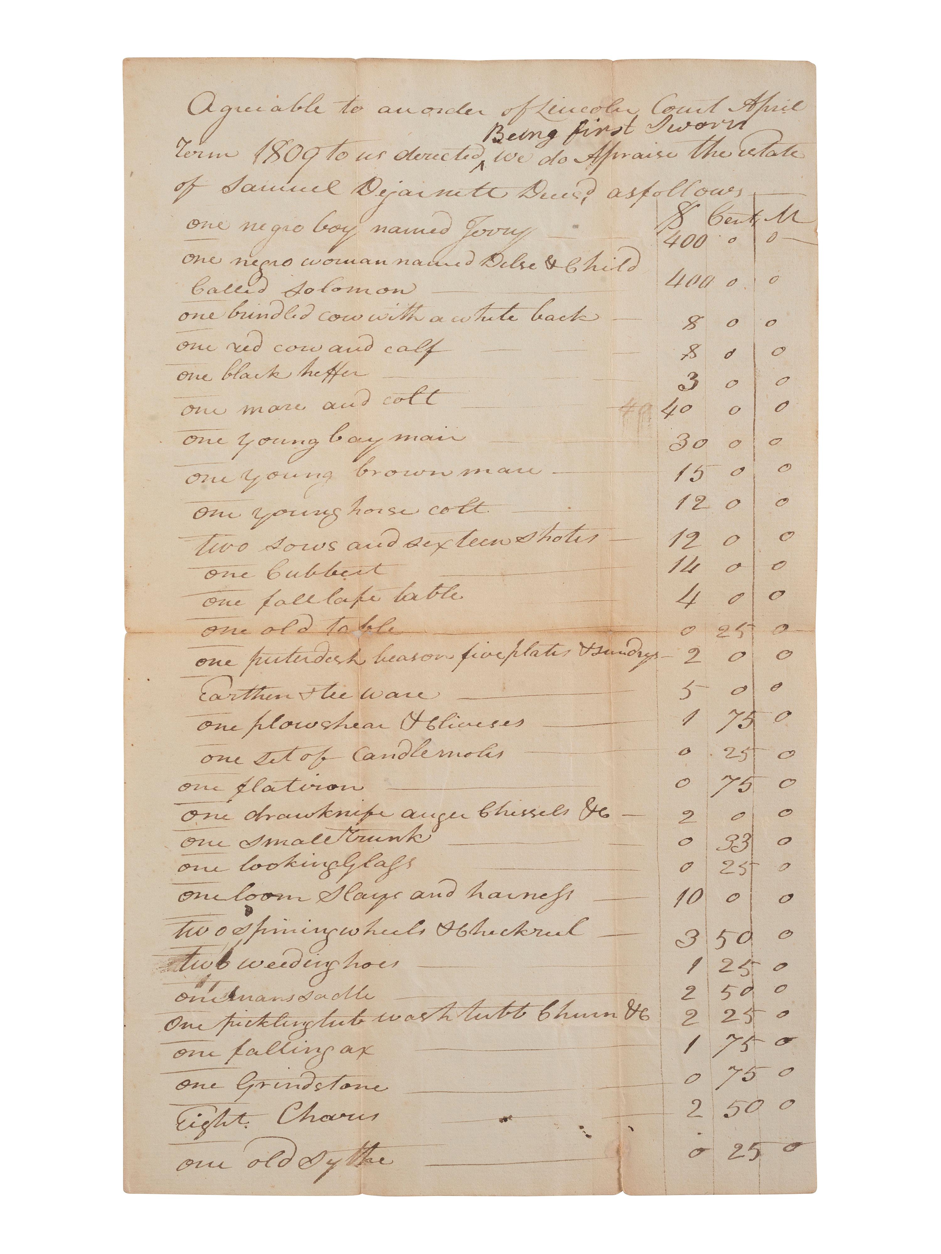 [ENSLAVEMENT & ABOLITION]. A group of 4 estate documents listing individual enslaved persons, most by name. [Lincoln County, KY], 1809-1830.
