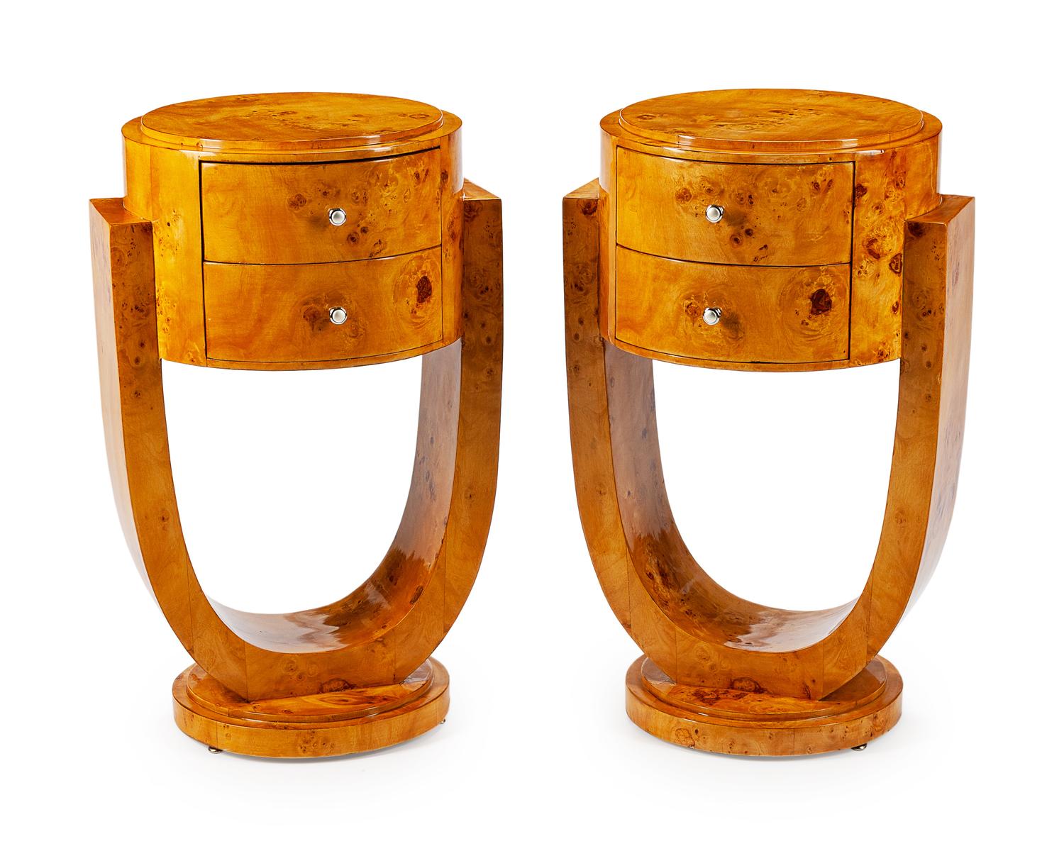 A Pair of Art Deco Style Circular Birch Nightstands