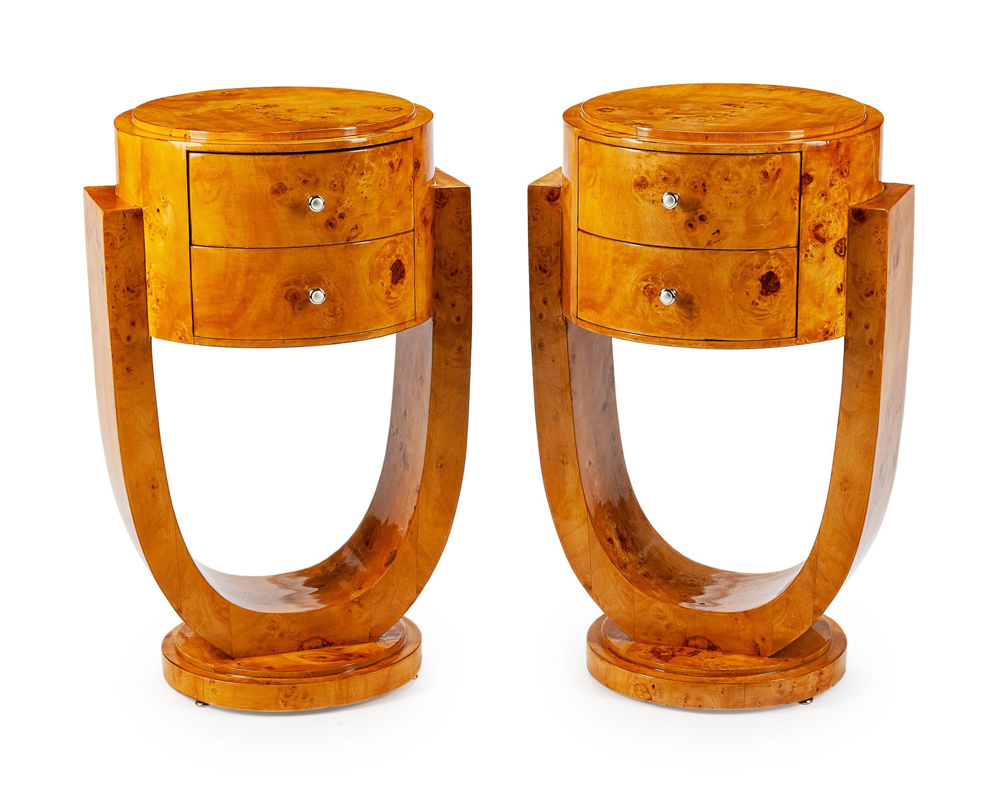 A Pair of Art Deco Style Circular Birch Nightstands