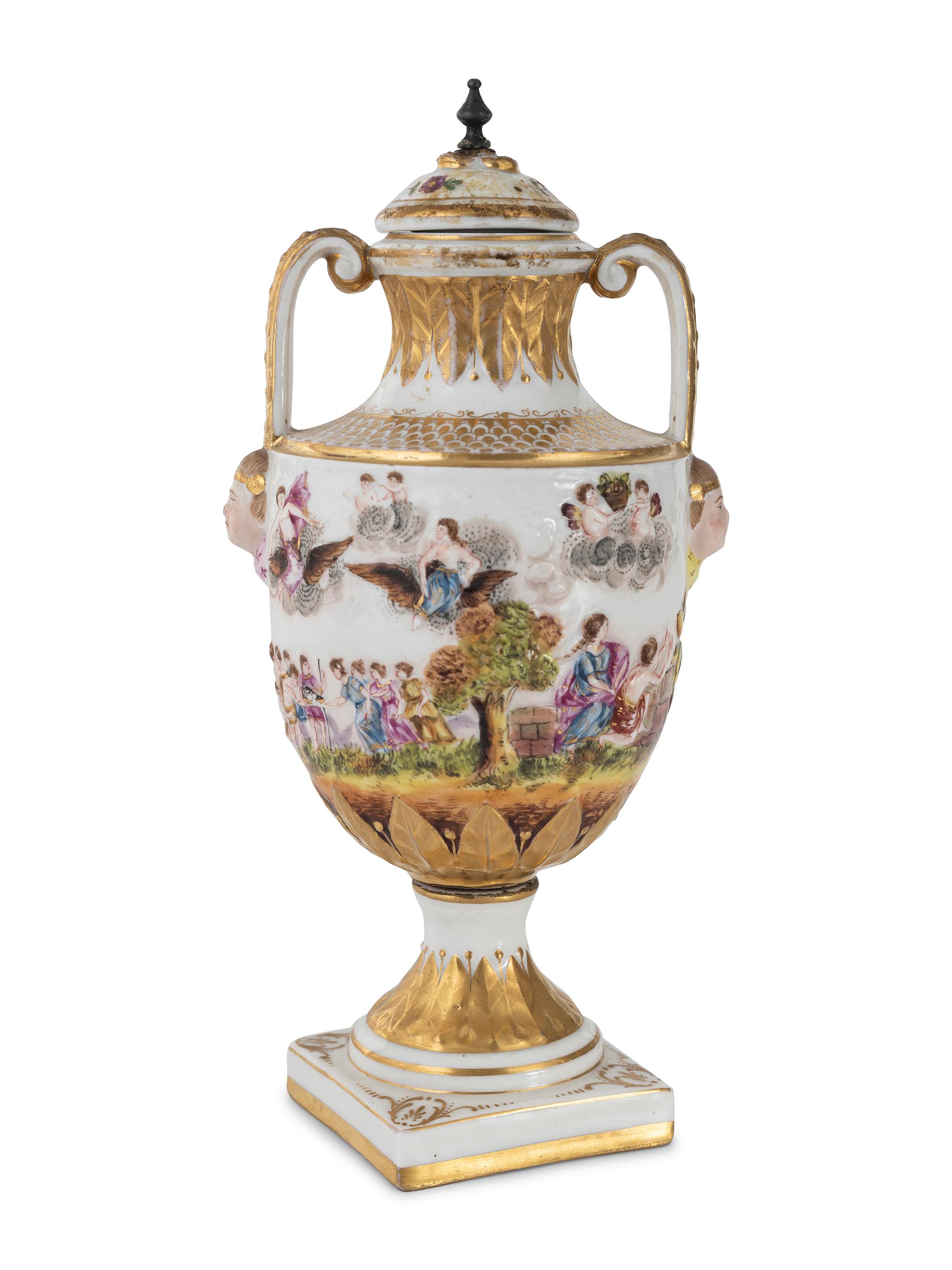 A Capodimonte Painted and Parcel-Gilt Porcelain Covered Urn