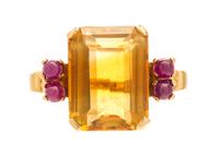 A Retro Yellow Gold, Citrine and Ruby Ring, 6.00 dwts.