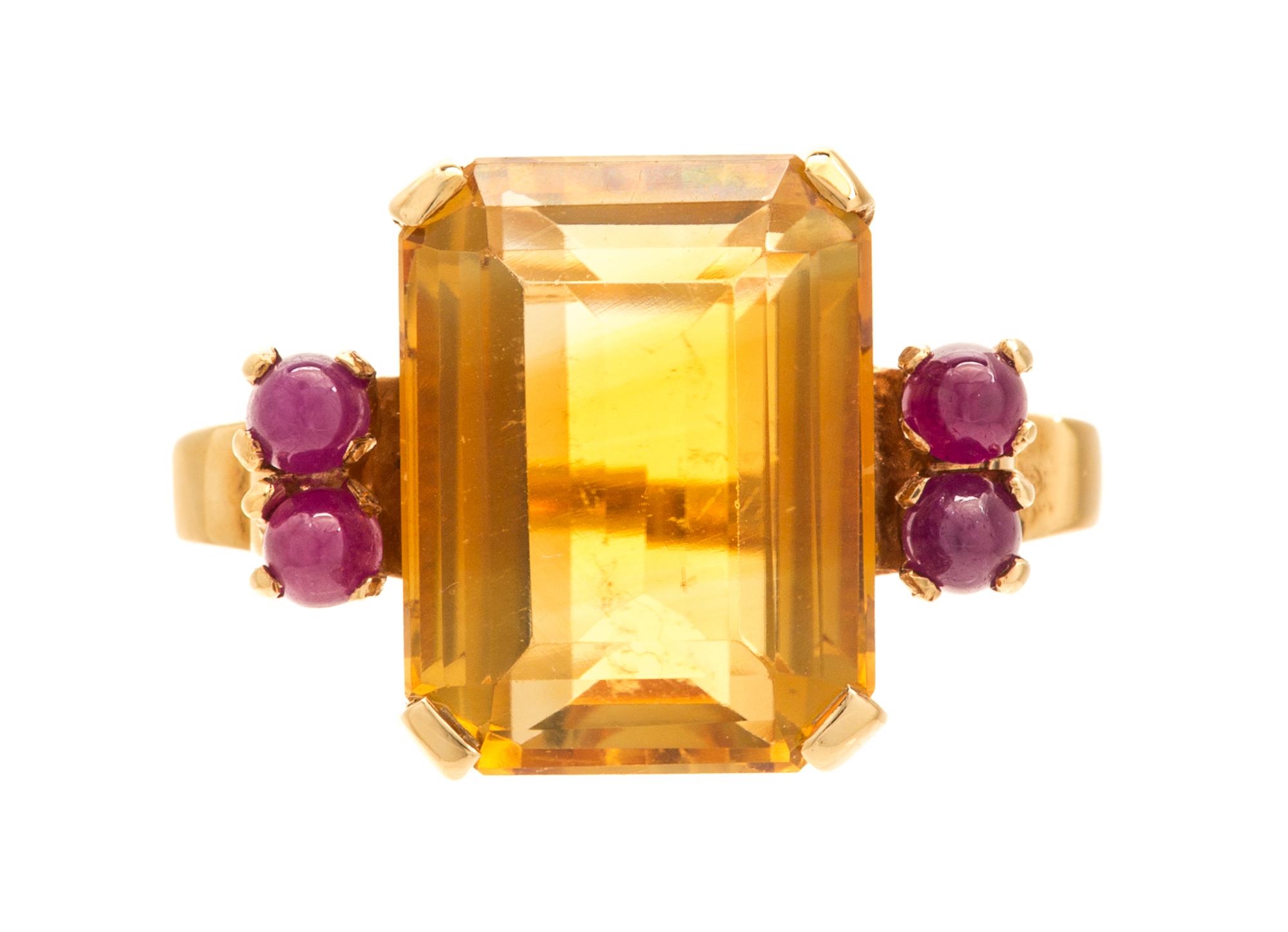 A Retro Yellow Gold, Citrine and Ruby Ring, 6.00 dwts.