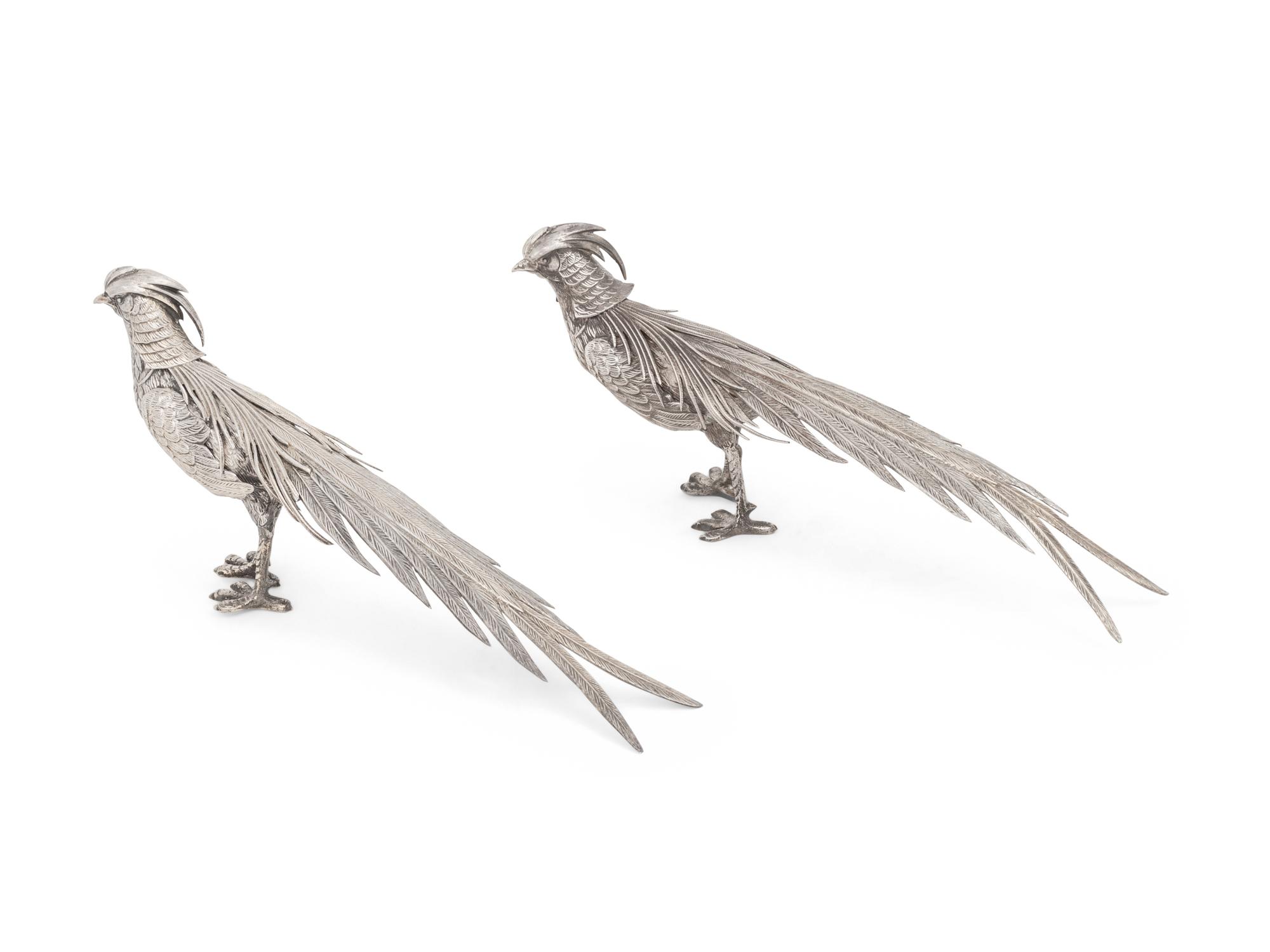 A Pair of Spanish Silver Pheasant Table Ornaments
