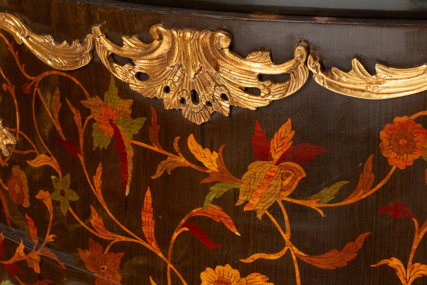 A Pair of Louis XV Style Marquetry and Gilt Bronze Mounted Marble-Top Commodes