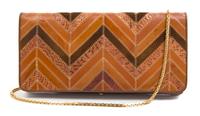 A Judith Leiber Brown Leather Chevron Clutch, 13" x 6.5" x 1".