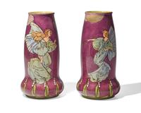 A pair of hand-decorated Doulton Lambeth pottery "fairy" vases, decorated by Margaret Walker, Lambeth, England, 1891-1910