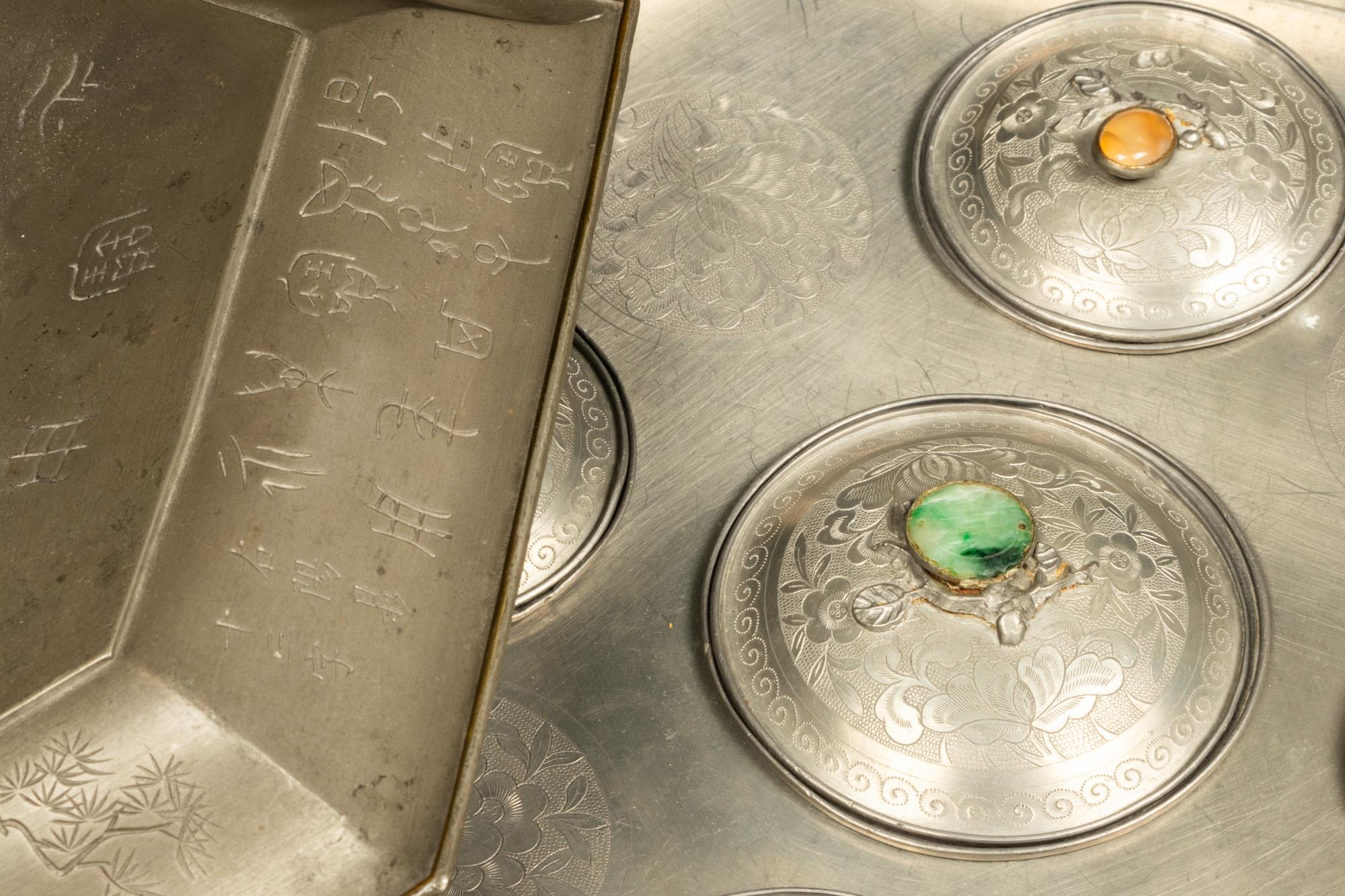 A Chinese Hardstone Inset Pewter Warmer Set