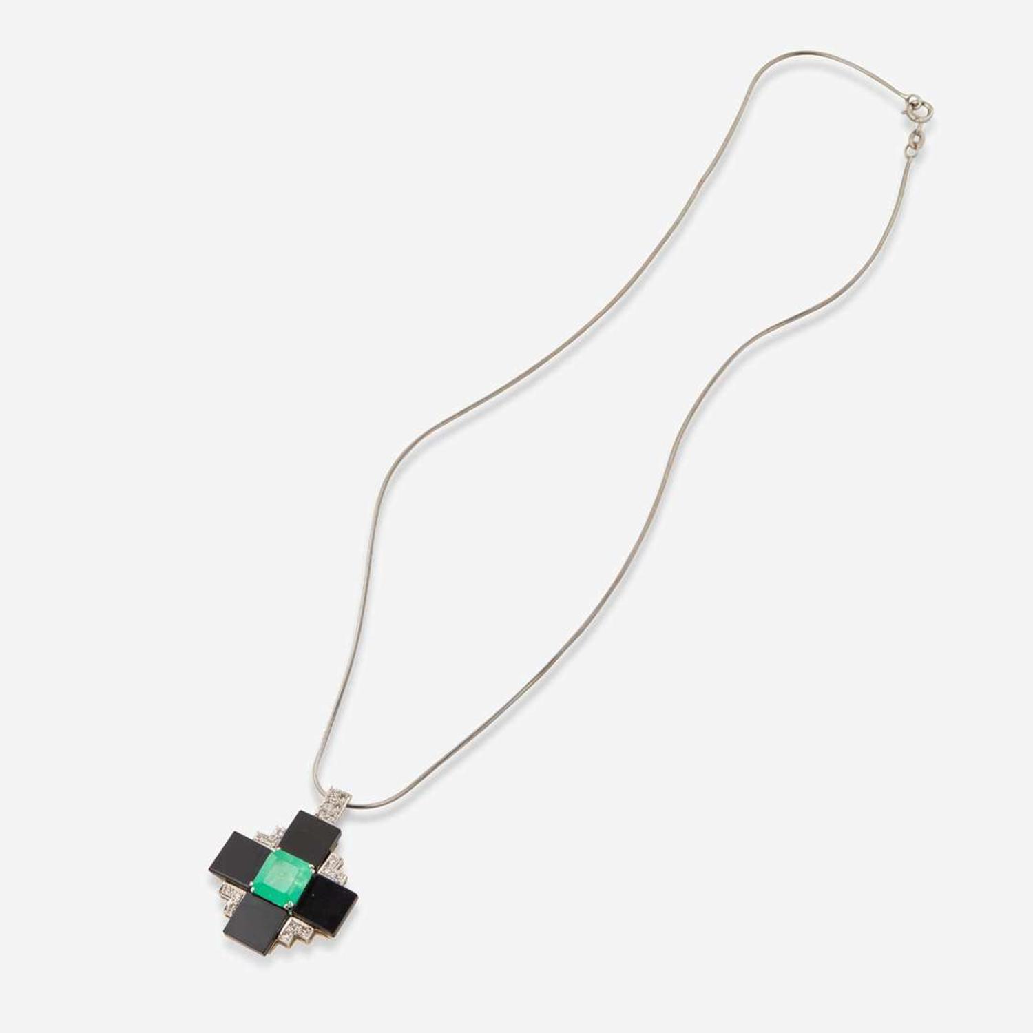 An 18K Gold, Emerald, Onyx, and Diamond Necklace