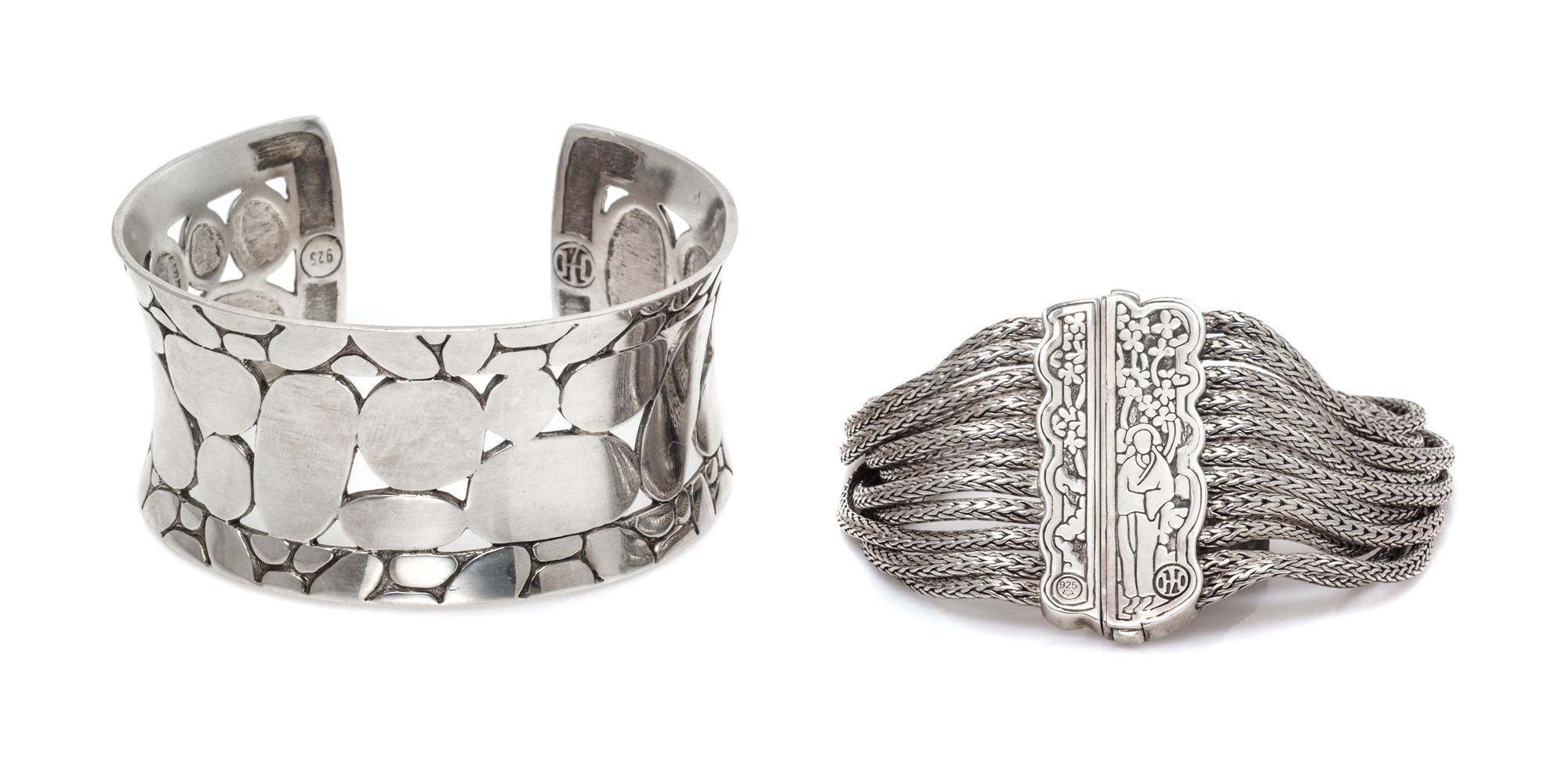A Collection of Sterling Silver Bracelets, 73.10 dwts.