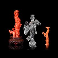 Two Chinese Red Coral Figures and a Rock Crystal Figure 珊瑚及水晶雕人物像三件