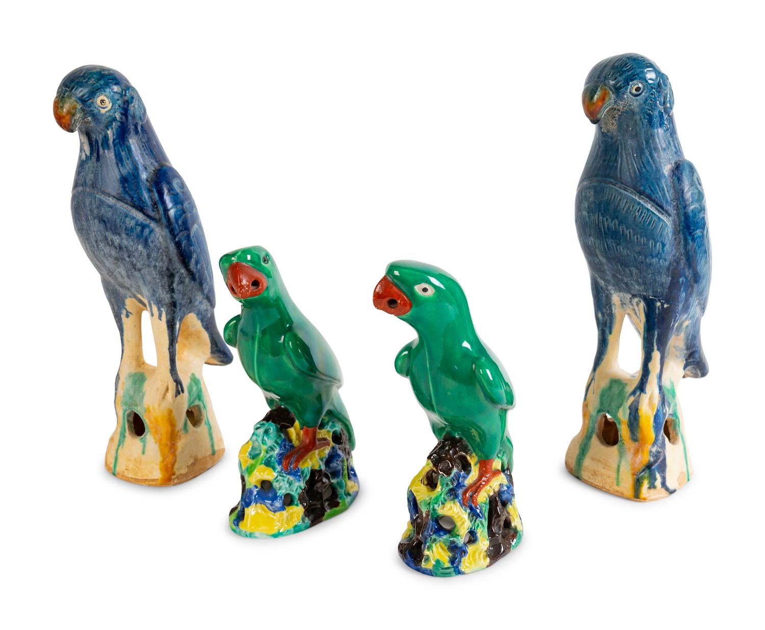 Two Pairs of Chinese Sancai Glazed Pottery Figures of Parrots — POSSIBLY 18TH CENTURY