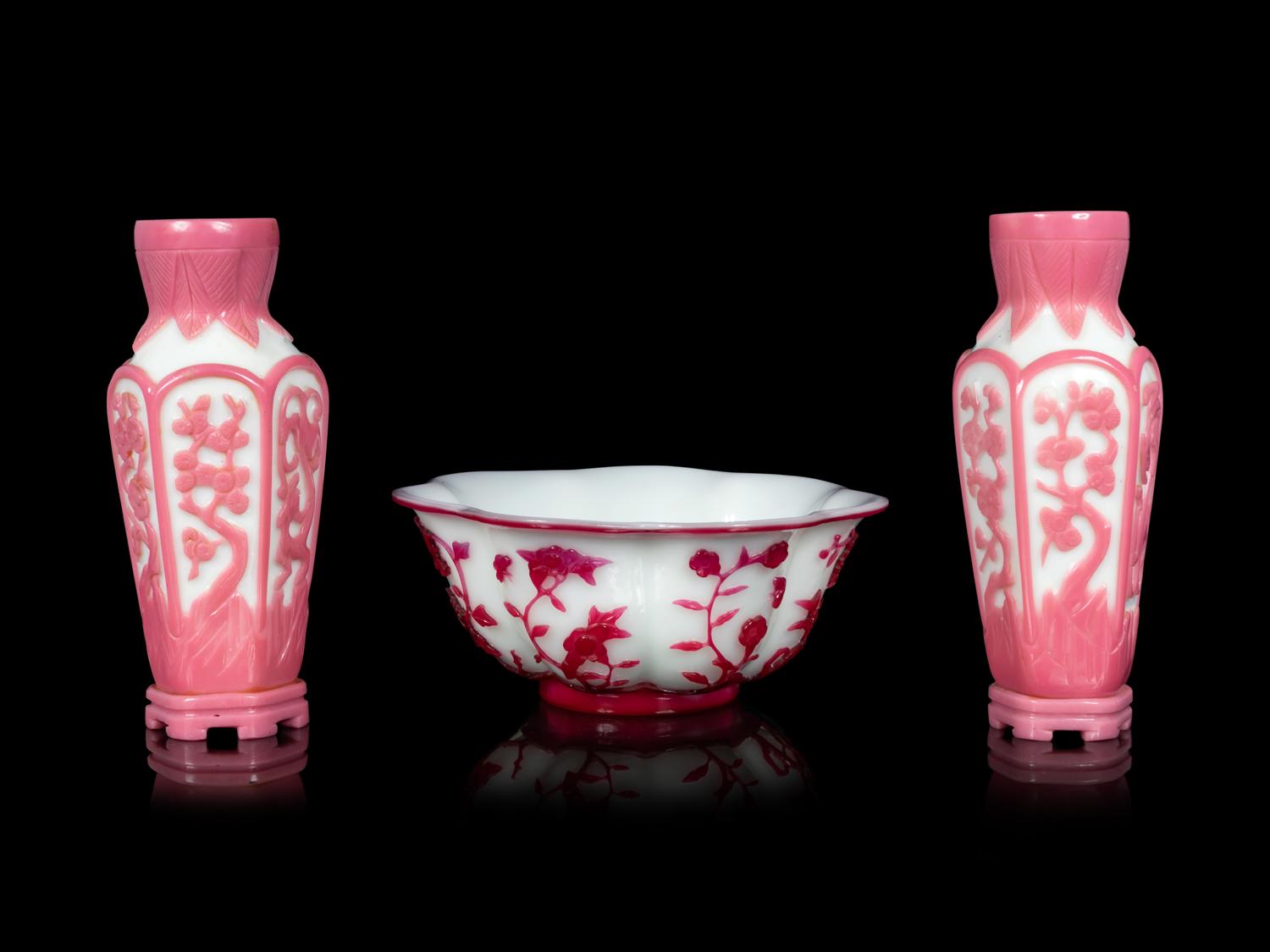 Three Chinese Opaque White Pink Overlay Glass Articles