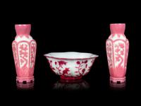 Three Chinese Opaque White Pink Overlay Glass Articles