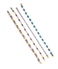 A Collection of 14 Karat Yellow Gold and Multigem Line Bracelets, 24.90 dwts.
