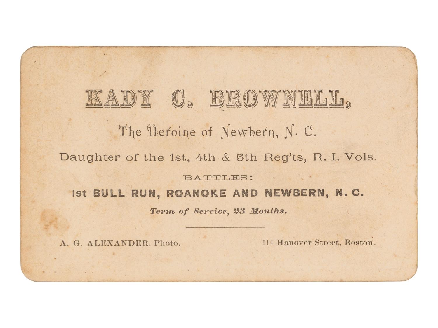 [CIVIL WAR]. ALEXANDER, A.G., photographer. CDV of Civil War Color Bearer, Kady Brownell. Boston, MA.