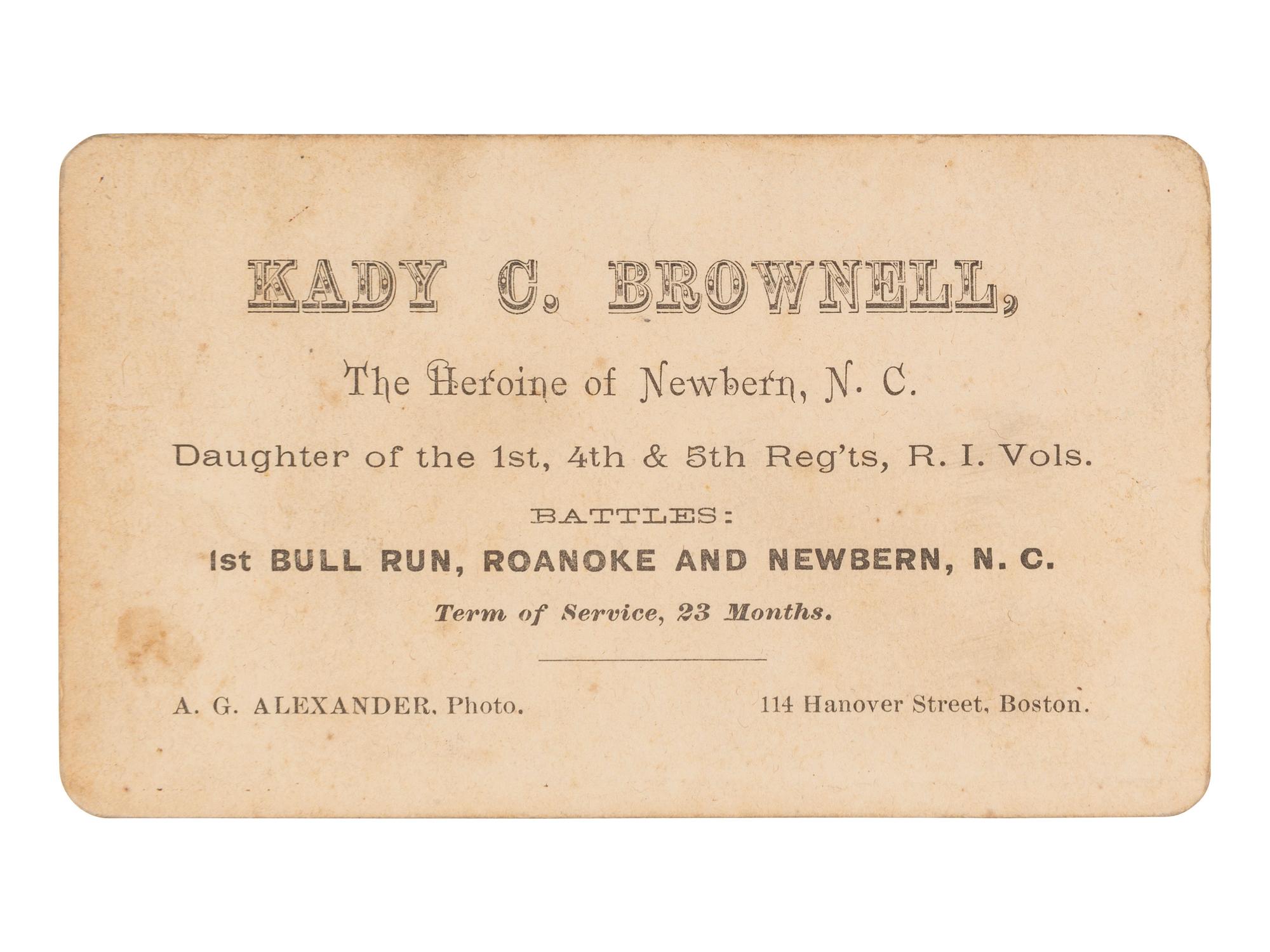 [CIVIL WAR]. ALEXANDER, A.G., photographer. CDV of Civil War Color Bearer, Kady Brownell. Boston, MA.