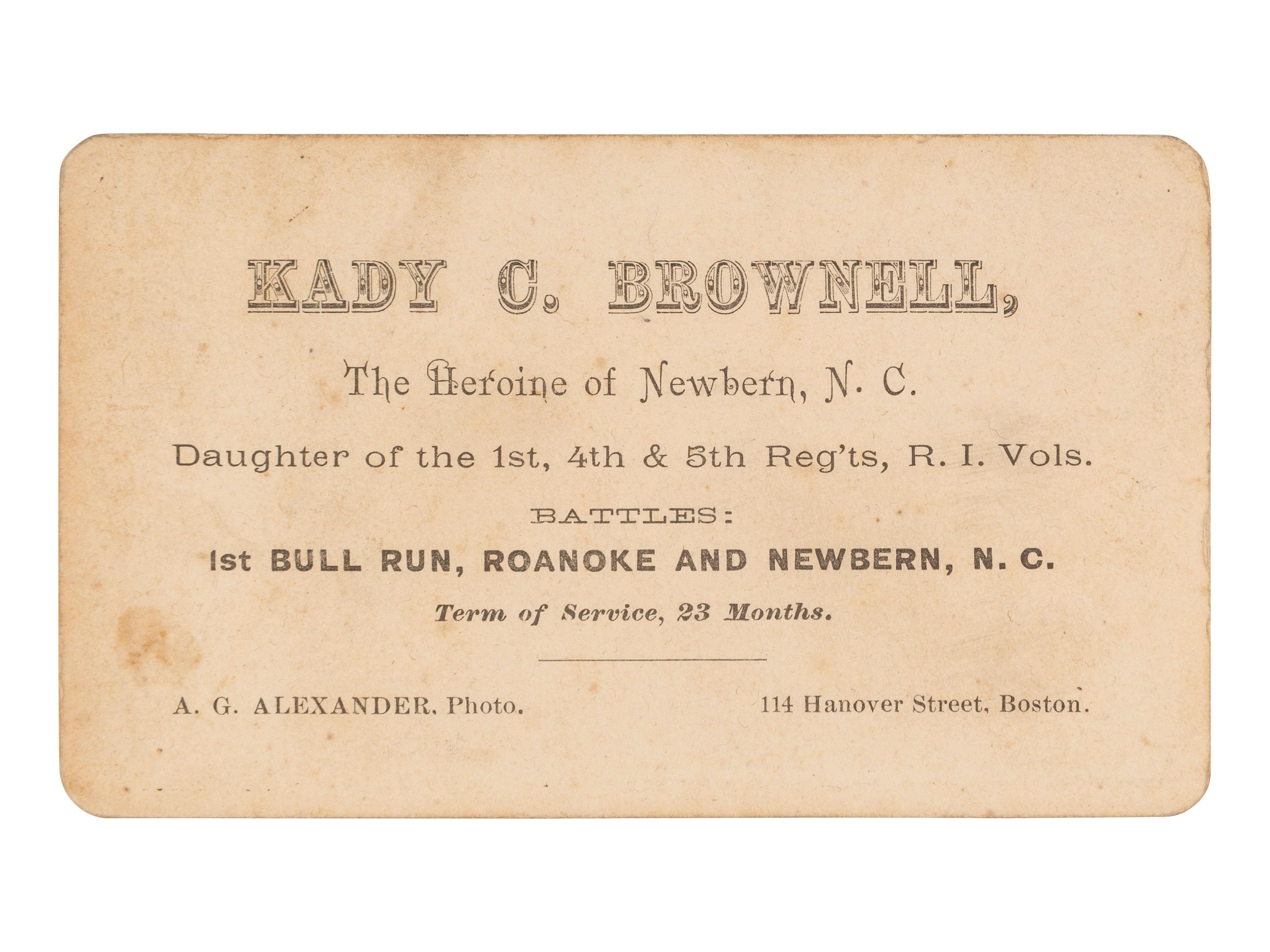 [CIVIL WAR]. ALEXANDER, A.G., photographer. CDV of Civil War Color Bearer, Kady Brownell. Boston, MA.