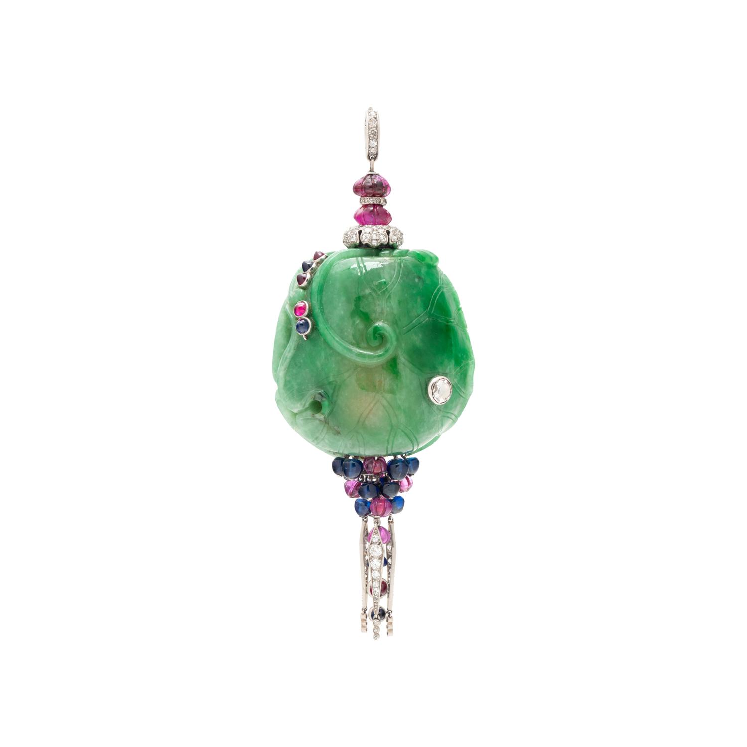 CARTIER, ART DECO, JADE, DIAMOND AND MULTIGEM PENDANT