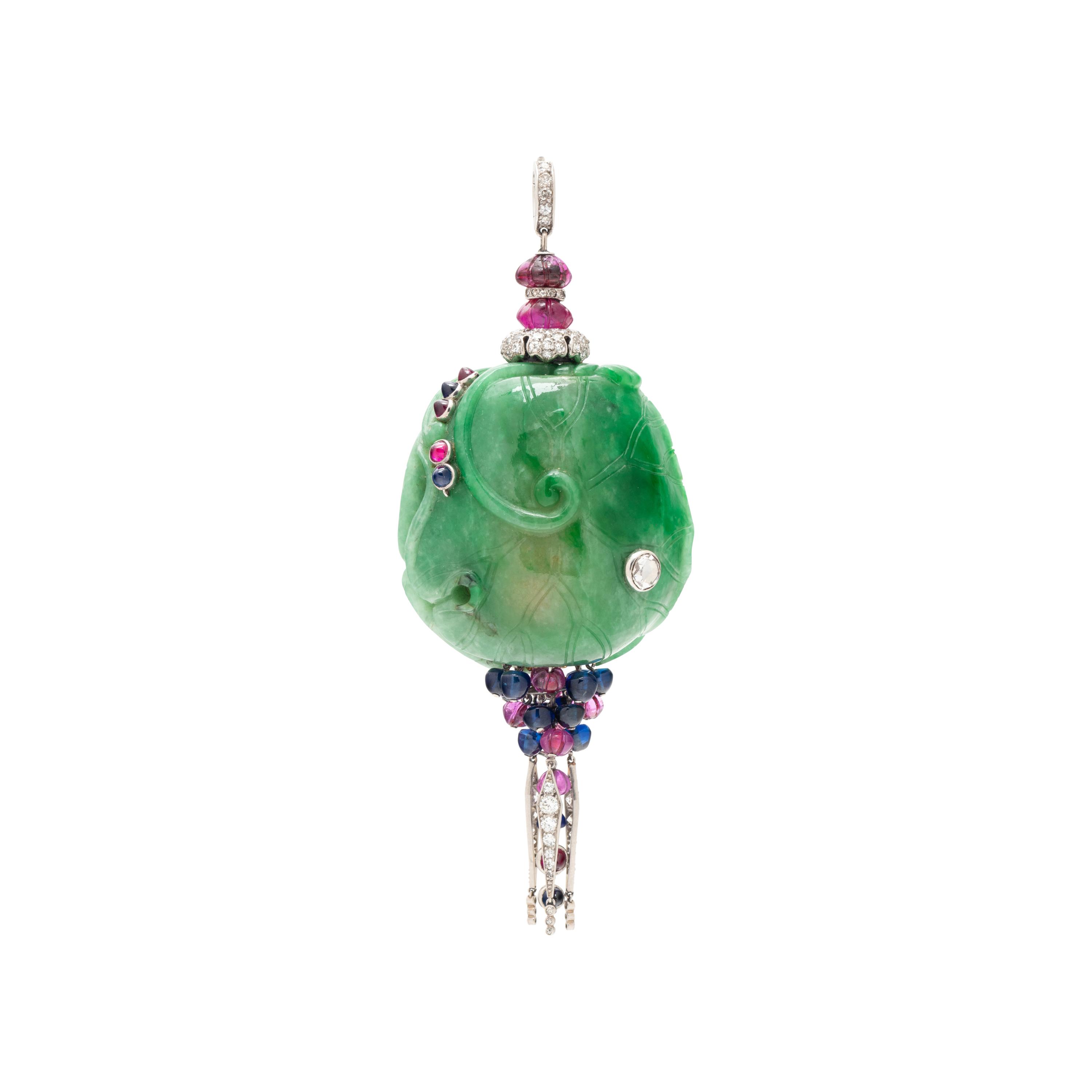 CARTIER, ART DECO, JADE, DIAMOND AND MULTIGEM PENDANT