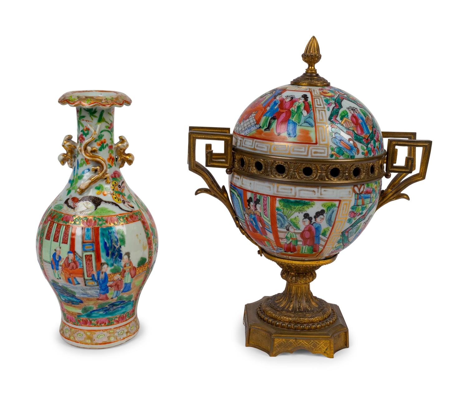 A Chinese Rose Canton Bronze Mounted Incense Burner and a Vase — 20TH CENTURY, BRAND-CHATILLON CO.