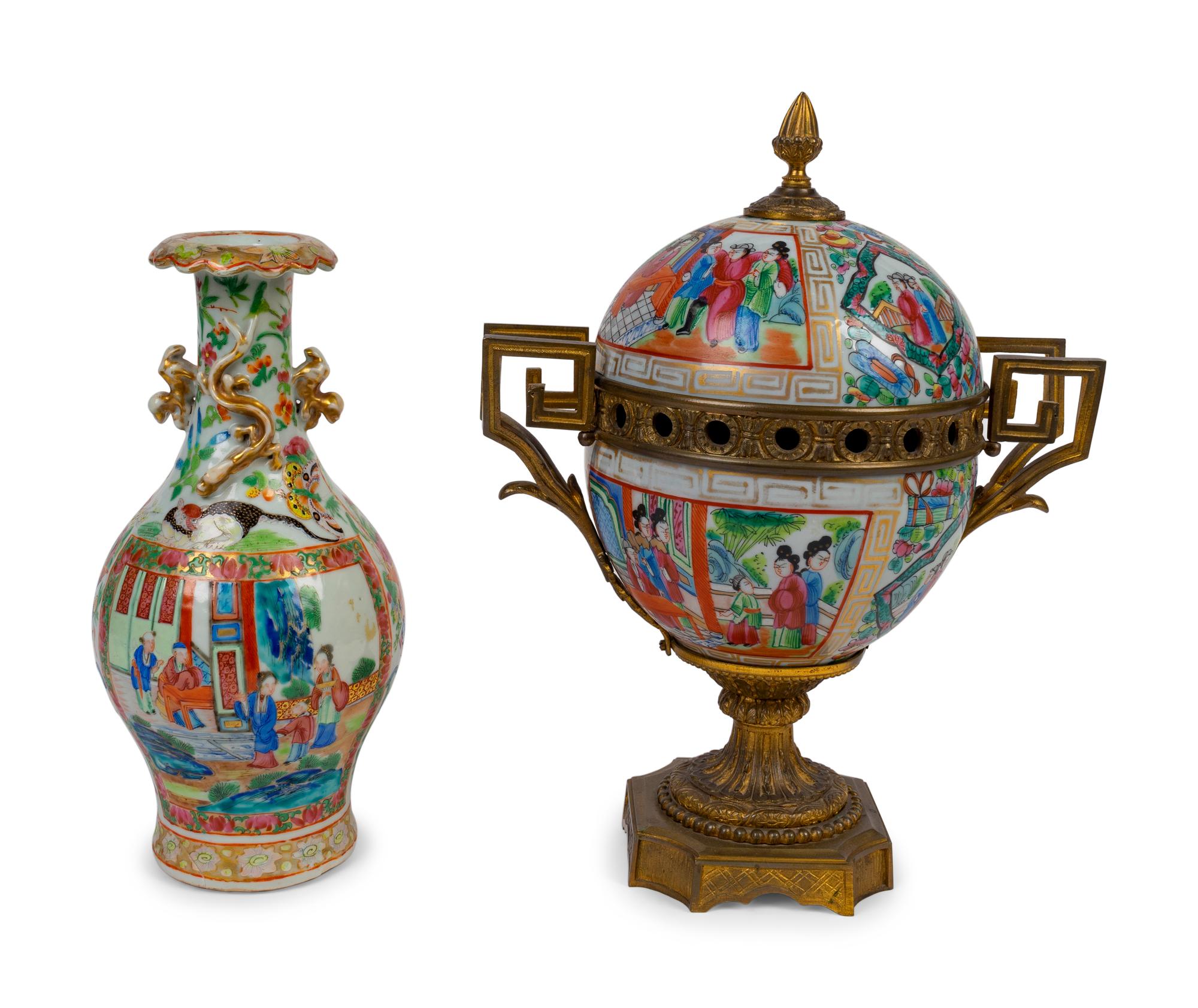 A Chinese Rose Canton Bronze Mounted Incense Burner and a Vase — 20TH CENTURY, BRAND-CHATILLON CO.