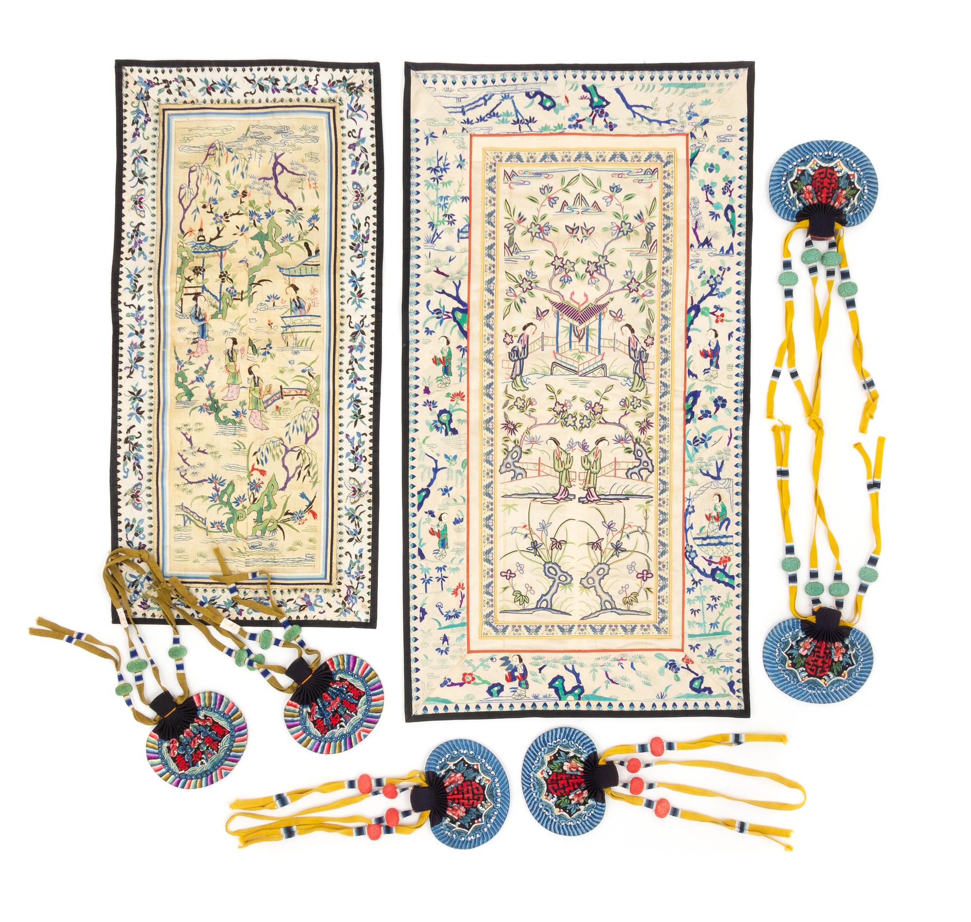 Seventeen Embroidered Silk Articles Length of largest 27 3/4 x 14 3/4 inches. — 19TH CENTURY
