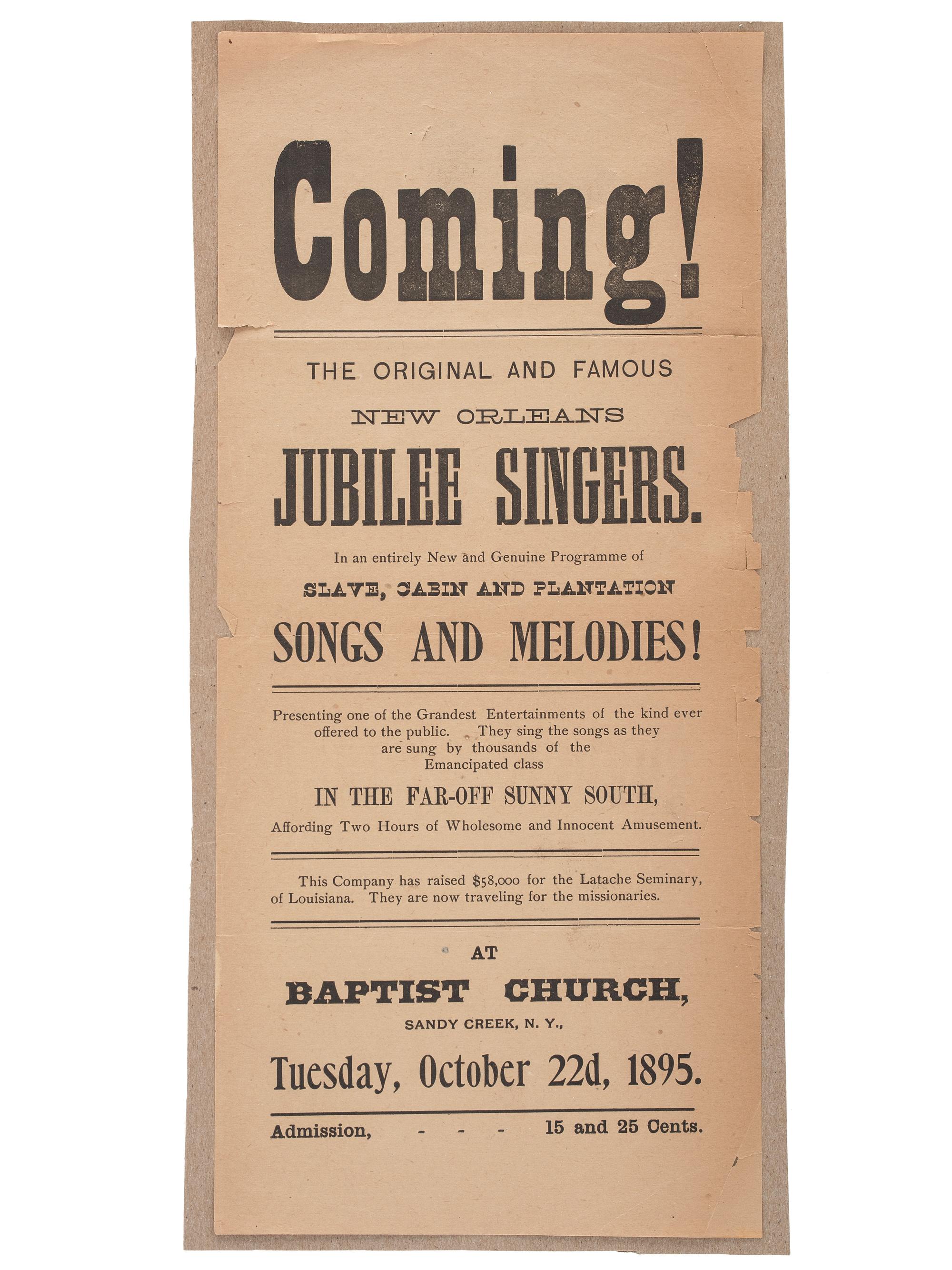 [MUSIC]. Broadsides and sheet music related to Jubilee Singers and African American music, comprising: